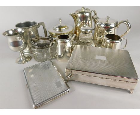 A collection of silver plate, to include a two handled sucrier with leaf cast border, a glass inkwell with silver plated moun