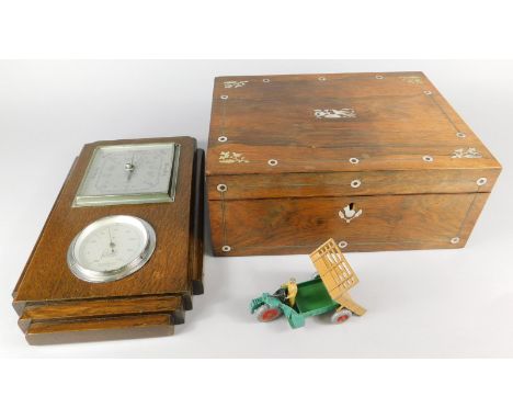 A collection of items, to include an aneroid barometer in Art Deco style oak case, a Dinky Supertoys motor car and a rosewood