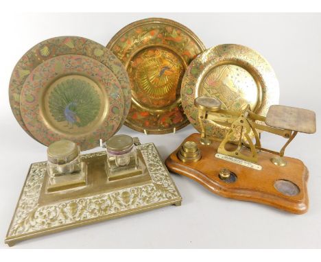 A collection of metalware etc., to include Lister scales, an inkstand with two wells, Indian style dishes with enamelled deco