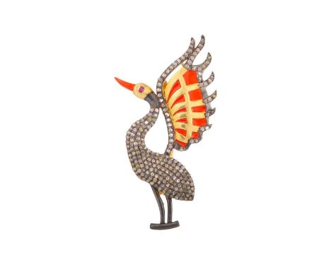 DIAMOND BIRD BROOCH, set with rose cut diamonds totalling approximately 1.61 carats, ruby eye and orange enamelled beak and w