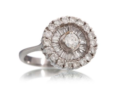 DIAMOND CLUSTER RING, set with round brilliant and tapered baguette cut diamonds totalling approximately 0.90 carats, marked 