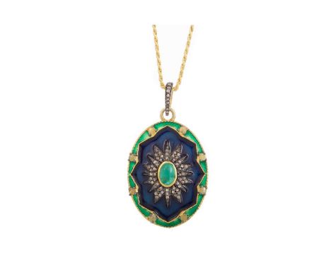 LARGE ENAMELLED PENDANT, the central emerald and diamond starburst with blue and green enamel, and yellow diamonds to the bor