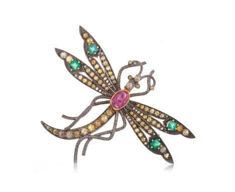 DIAMOND AND GEM SET DRAGONFLY BROOCH, set with rose cut yellow and fancy coloured diamonds totalling approximately 3.57 carat