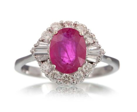 CERTIFICATED RUBY AND DIAMOND RING, set with an oval ruby of approximately 1.59 carats, within a diamond halo of approximatel