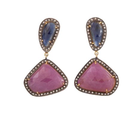 PAIR OF SAPPHIRE, RUBY AND DIAMOND EARRINGS, set with faceted rubies and sapphires, within rose cut diamond halos, silver gil