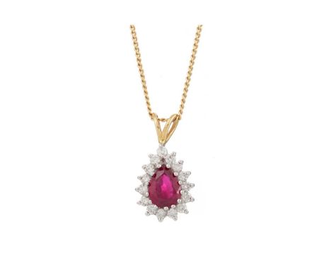 RUBY AND DIAMOND CLUSTER PENDANT, set with a pear shaped ruby within a halo of diamonds, on an eighteen carat gold chain