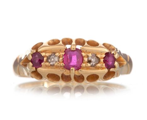 RUBY AND DIAMOND RING, set with alternating rubies and diamonds, in eighteen carat gold, size LQty: 3.1g