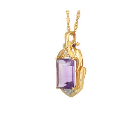AMETHYST PENDANT ON CHAIN, set with a step cut amethyst to an eighteen carat gold satin diamond set mount Qty: 20gAmethyst ha