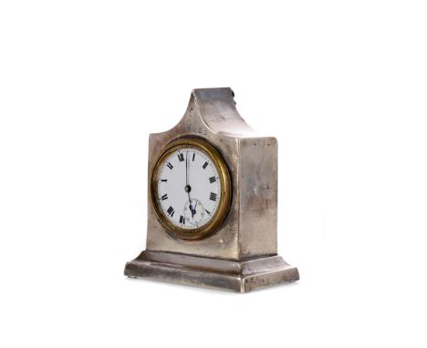 EARLY 20TH CENTURY SILVER CASED BEDSIDE TIMEPIECE, marks rubbed, the pointed case inscribed 'M. Jones' above a white enamel d