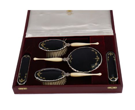 GEORGE V SILVER AND ENAMEL DRESSING TABLE SET, maker Hasset &amp; Harper Ltd, Birmingham 1933, comprising a pair of hair brus