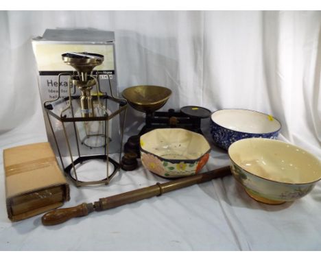 A good mixed lot to include ceramic bow by Doulton, weighing scales with weights and a hexagonal nightshade with box. Estimat