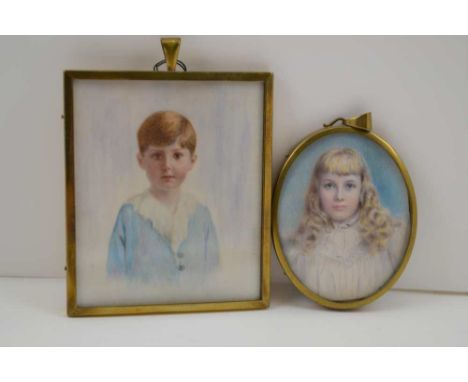 E** HEWITT A MINIATURE PORTRAIT PAINTING OF A BOY, wearing a blue jacket, signed, 8cm x 7cm, in plain brass frame, together w