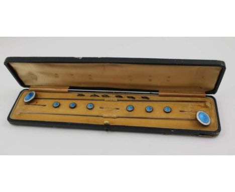 HOUGHTON &amp; CO. AN EDWARDIAN CASED SET OF TWO HAT PINS AND SIX BUTTONS, silver framed with blue enamel decoration, case 29