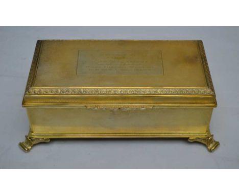 B. GORDON A MID 20TH CENTURY SILVER GILT JEWELLERY CASKET, engine turned decoration with cast floral border and thumb piece c