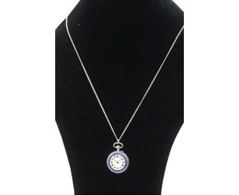 A SILVER AND GUILLOCHE ENAMEL LADIES FOB / PENDANT WATCH, with white dial having Roman numerals, suspended upon a neck chain,