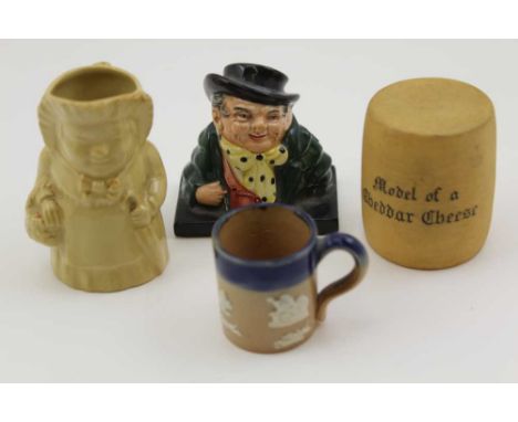 A COLLECTION OF FOUR SMALL CERAMIC ITEMS to include; a W.H. Goss model of a Cheddar cheese, 5cm high, a Royal Doulton Tony We