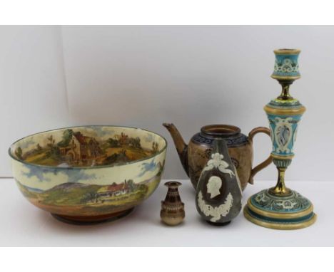 A DOULTON LAMBETH GLAZED STONEWARE AND BRASS CANDLESTICK 24.5cm high, together with four other items of Doulton (5) 