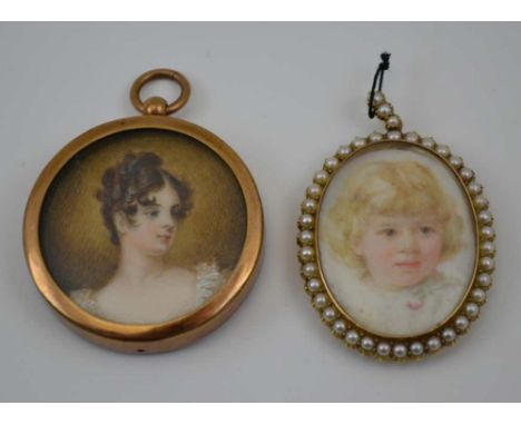 TWO MINIATURE PORTRAIT PAINTINGS one the head and shoulders of a Regency lady, her hair up, in a plain brass frame with suspe