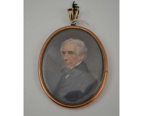 A 19TH CENTURY MINIATURE PORTRAIT PAINTING OF JAMES COLLIER HARTER (1789-1862) Head and shoulders in a rose gold colour oval 