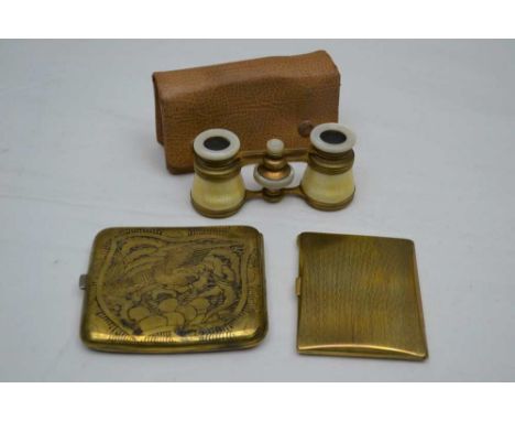 A PAIR OF MOTHER-OF-PEARL MOUNTED OPERA GLASSES, with primrose yellow gouache enamel, in protective case, together with TWO B