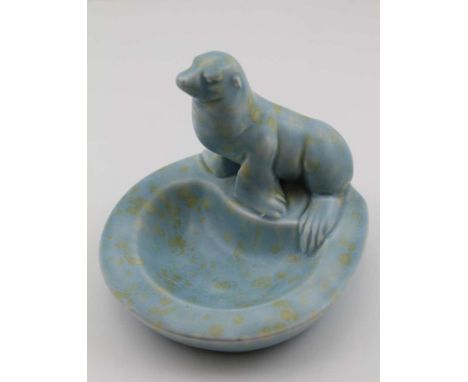 A BESWICK POTTERY SEAL MOUNTED TRINKET DISH, pale blue glaze with speckles, factory marks to base include reference No.360, 1