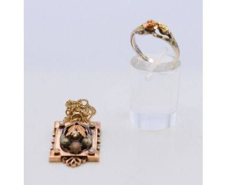 A 19th century American Black Hills gold and pearl rectangular pendant on a 9 ct gold chain (4.4 grammes) and a silver and Bl