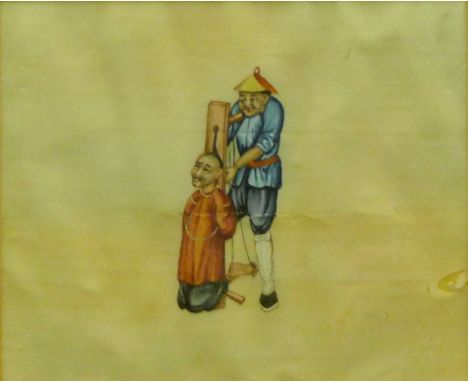A Chinese pith painting of a torture scene, framed and glazed. 17.5 x 14.5 cm.