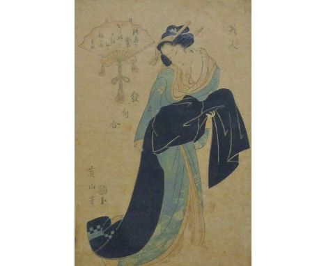 A 19th century Japanese woodblock print of a geisha with calligraphy to left side of image and a Chinese watercolour of shell