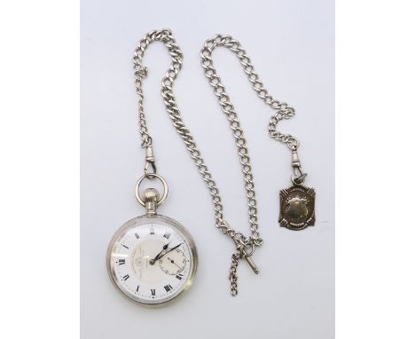 A Thomas Russell & Son of Liverpool silver pocket watch with double Albert chain and fob, the fob engraved PT 1984 to one sid