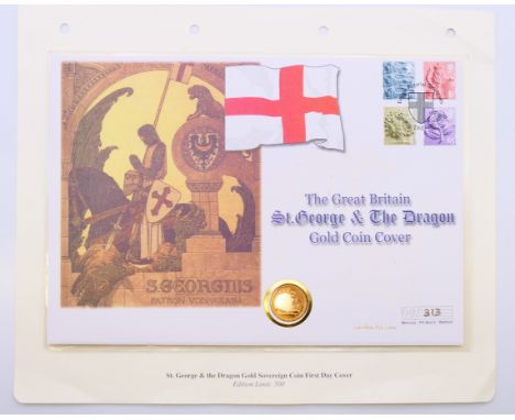 A 2001 gold sovereign in St George and the Dragon First Day cover, number 313 of a limited edition of 500.