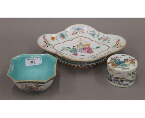 Three 19th century Chinese porcelain pieces:  a circular lidded box, an octagon bowl with seal mark and a lobed quatrefoil di