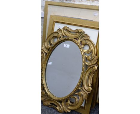A quantity of prints and a gilt-framed mirror. The mirror 56 x 47 cm.