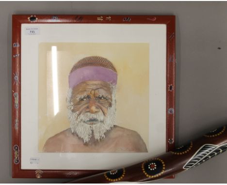 'Aboriginal Man', watercolour, signed D Carr '10, framed and glazed, the frame painted with the story of a hunt together with