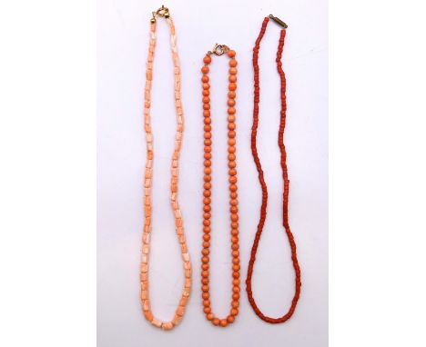 Three coral necklaces.  Tulip bead necklace 41 cm long. 