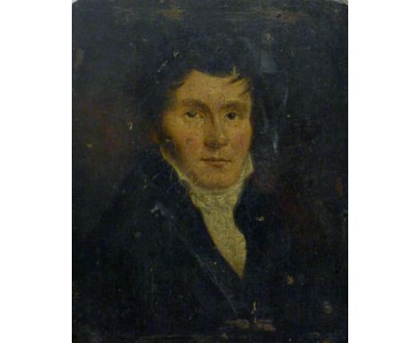 Two 19th century oils on board: a portrait of a gentleman and a tavern interior scene. The former 14.5 x 17.5 cm.