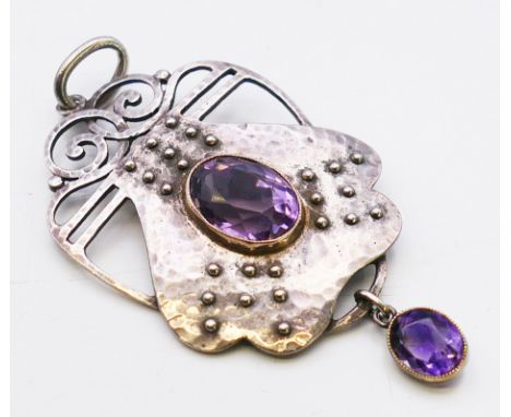 A Murrle Bennet Art Nouveau silver and amethyst pendant, marked 950 and MBCo maker's mark. 5 cm high. 