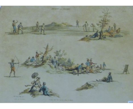 'Archery and Cricket', 19th century etching published by Pyne and Naltes, framed and glazed. 39.5 x 29 cm overall.
