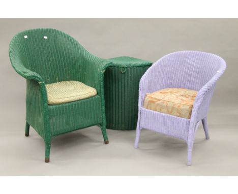 Two Lloyd Loom chairs and a Lloyd Loom laundry basket. The larger chair 70 cm wide, the laundry basket 57 cm high.