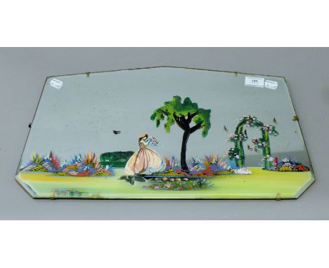 An early 20th century (Art Deco) painted mirror depicting a crinoline lady in a garden. 54 cm wide.