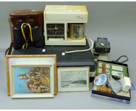 A quantity of miscellaneous items, including Carl Zeiss binoculars, a Polaroid camera, a Goblin Teasmade, a Prinzsound Execut