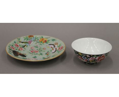 A 19th century Chinese porcelain celadon plate painted with birds and butterflies and a millefleurs bowl with seal mark to ba