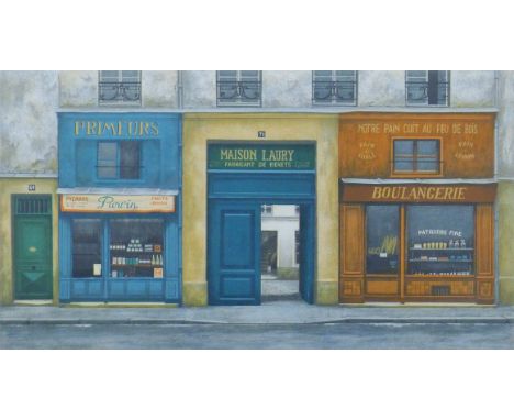 A RENOUX, limited edition print of shop fronts numbered 58/100, framed and glazed. 61 x 35 cm together with another print.