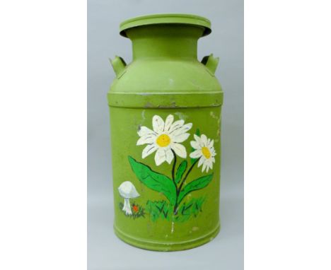 A painted steel milk churn. 61 cm high.