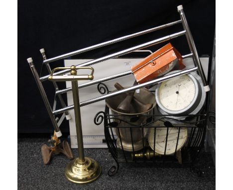 A quantity of various metalware including brass candlesticks, a loo roll holder, an ice bucket, an architect's table, a galva