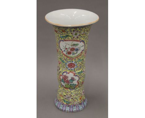 A Chinese yellow ground porcelain sleeve vase hand-painted with panel of insects and flowers. 35 cm high.