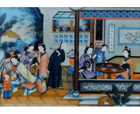 A Chinese reverse glass painting depicting figures in a garden in various pursuits, framed. 58 x 41 cm.