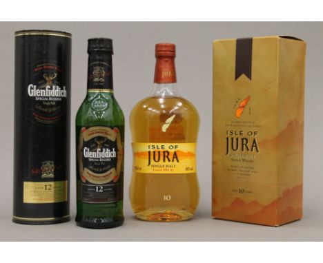 A boxed 70cl bottle of Jura aged 10 years single malt Scotch whisky and a boxed 35cl bottle of Glenfiddich aged 12 years Spec