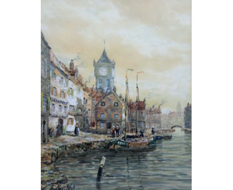 JOHN HAMILTON GLASS SSA (1864-1940) Scottish, 'Dutch Harbour', watercolour, signed, framed and glazed. 33 x 42 cm.