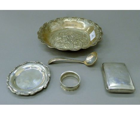 A quantity of various silver, including a cigarette case and a Continental bowl. The latter 20 cm diameter. 12.5 troy ounces.