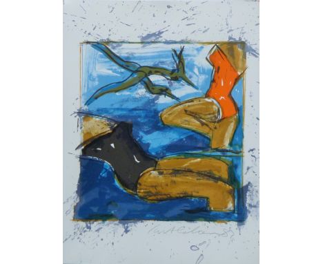 IVOR ABRAHAMS (1935-2015) British (AR), 'Bathing Ladies', print, signed in pencil by the artist. 50 x 65 cm.